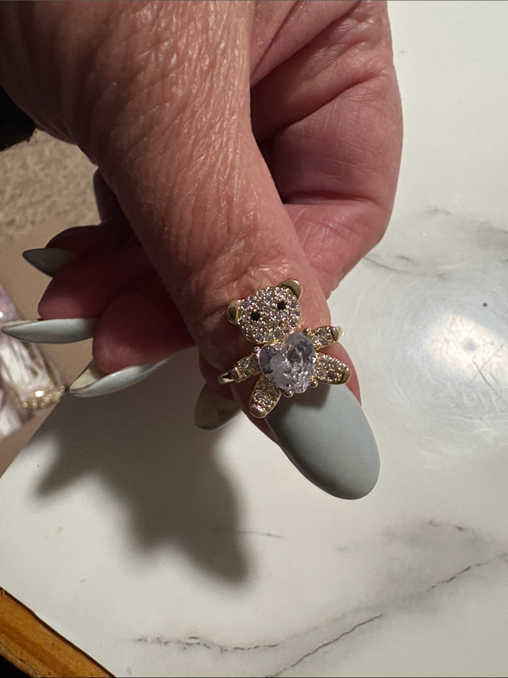 Gold Teddy Bear Ring with Clear Crystal Heart - Women's Jewelry